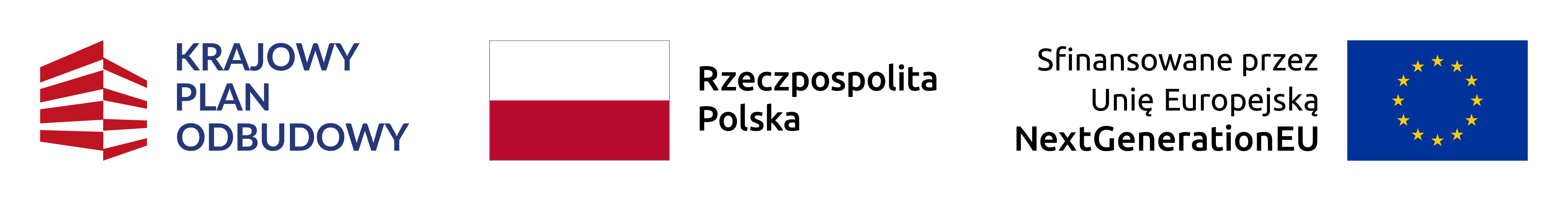 Logo Krajowego Planu Odbudowy, flaga Rzeczpospolita Polska oraz logo Unii Europejskiej z hasłem Sfinansowane przez Unię Europejską, Next Generation EU, symbolizujące wsparcie dla projektów ekologicznych, takich jak instalacje fotowoltaiczne realizowane przez SOLAND w Płocku.